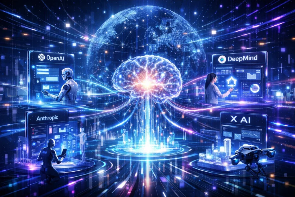 A futuristic, high-tech digital landscape showcasing the leading AI agent platforms of 2026.