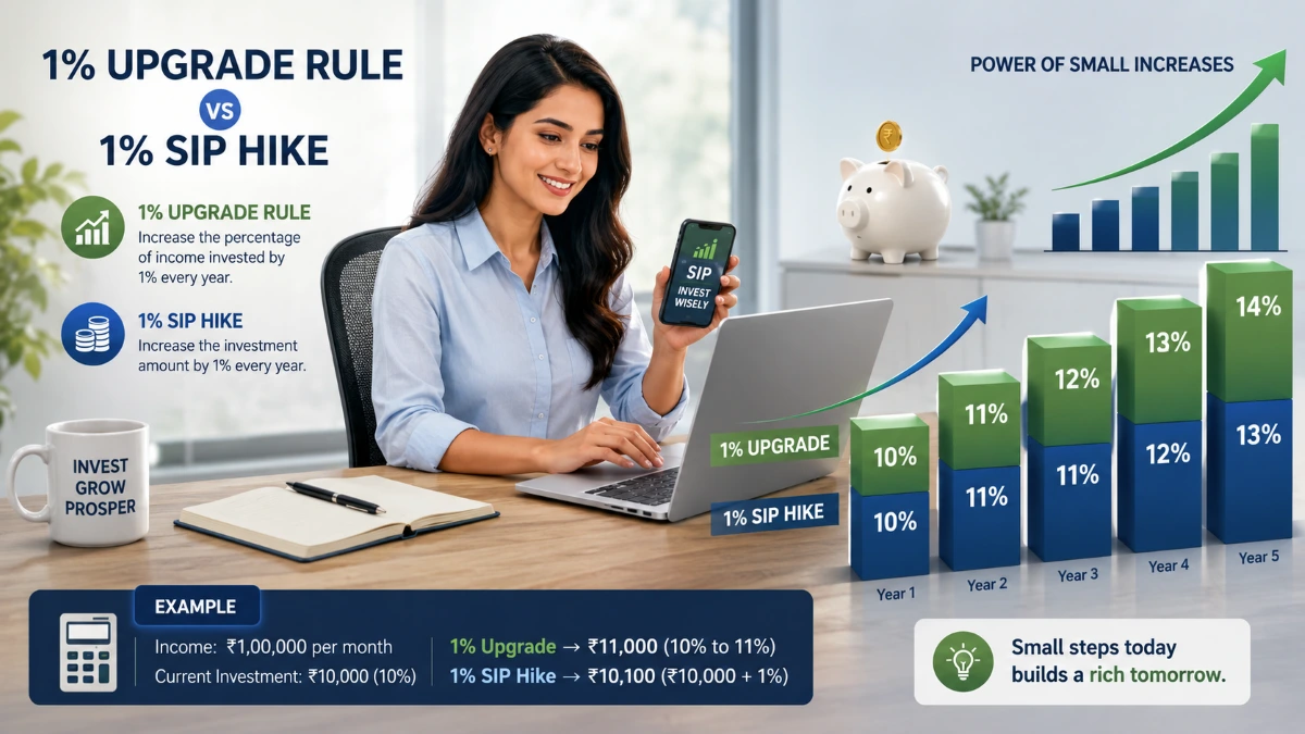 Investor using a SIP investment app with charts showing the difference between the 1% Upgrade Rule and a 1% SIP increase.