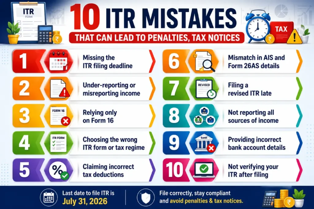 Infographic highlighting the 10 most common income tax return mistakes that can trigger penalties or tax notices.