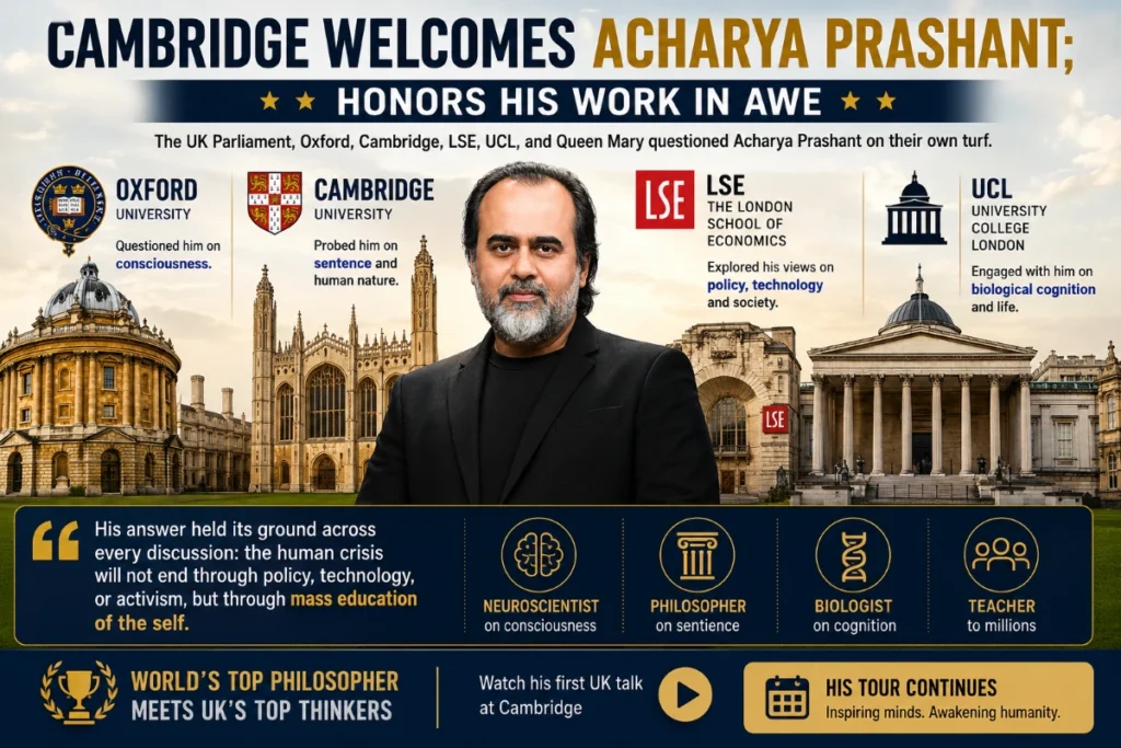Acharya Prashant standing in front of Oxford, Cambridge, LSE, and UCL during his UK academic tour.