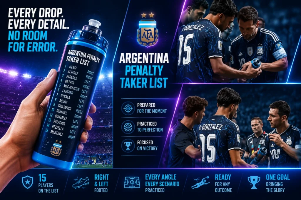 A cinematic sports collage featuring Argentina football players reviewing a penalty taker list on a customized sports bottle before a crucial match, with blue and purple neon gradients, dramatic stadium lighting, and tactical team discussions.