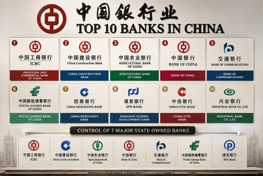 Infographic showing China controlling seven of the world's top 10 largest banks, with ICBC, China Construction Bank, Agricultural Bank of China, and Bank of China leading the global rankings.