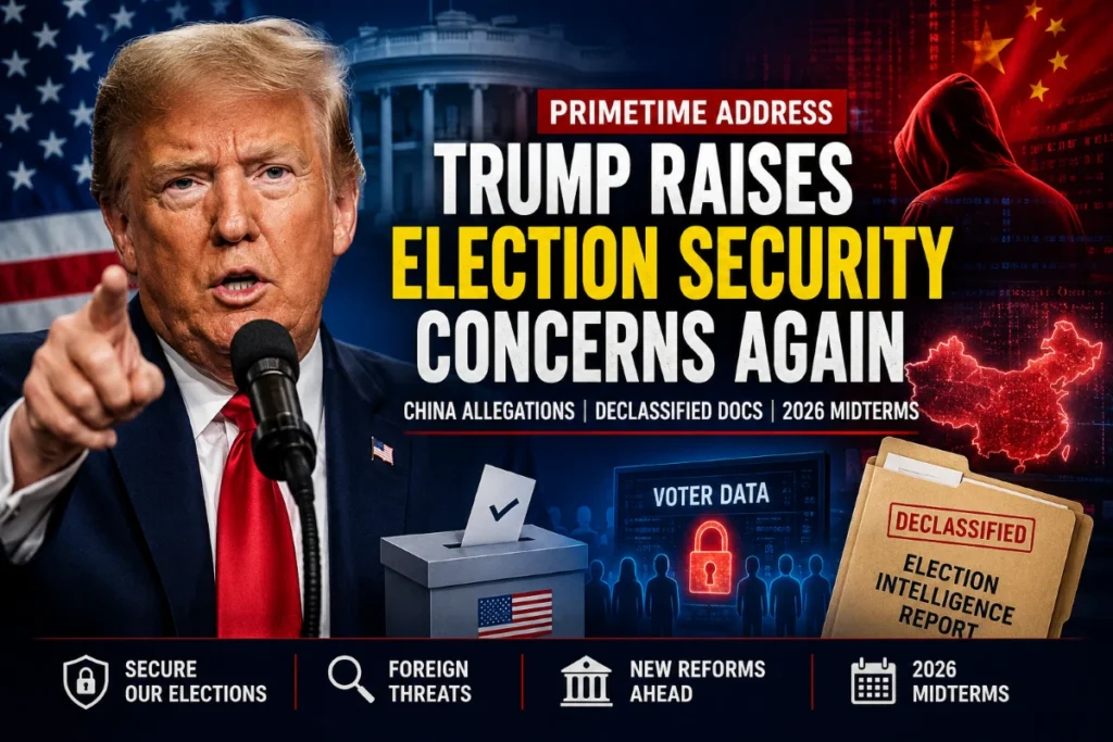 Donald Trump delivers a primetime White House address on election security, declassified intelligence documents, and China allegations ahead of the 2026 U.S. midterm elections.