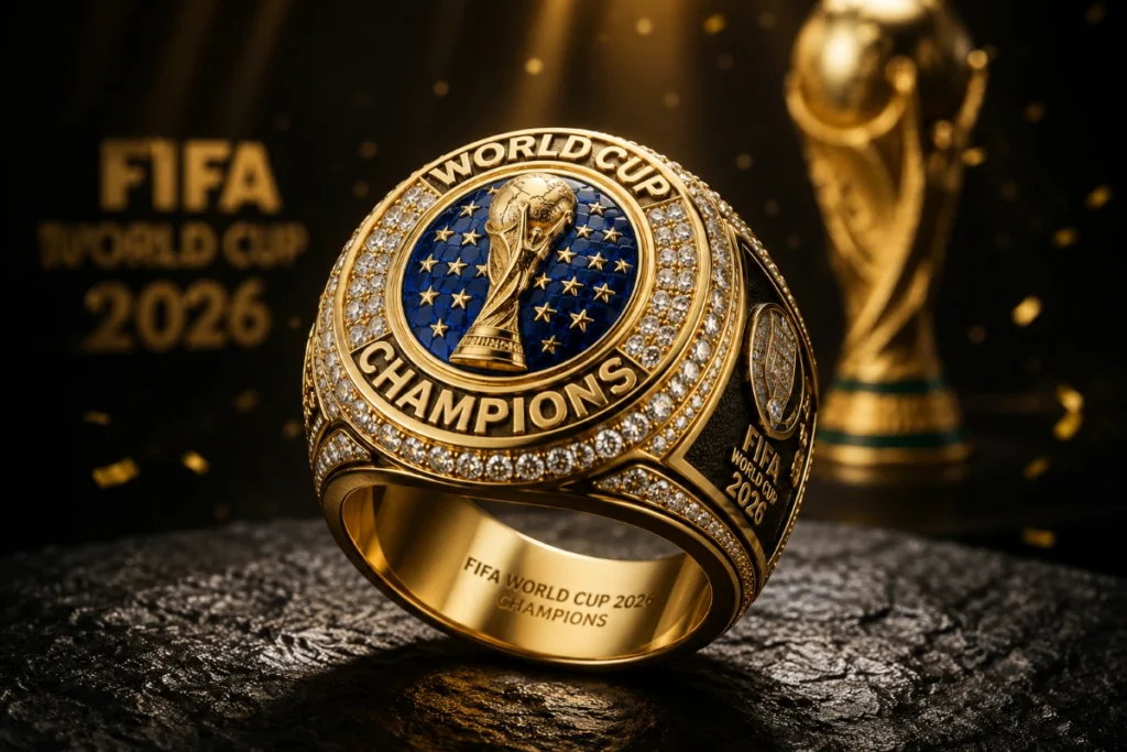 Gold FIFA World Cup championship ring with blue gemstones displayed under spotlight.