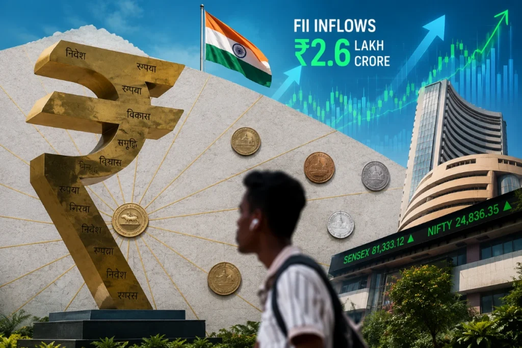 Indian rupee symbol representing renewed foreign investment in India's stock market after a major sell-off.