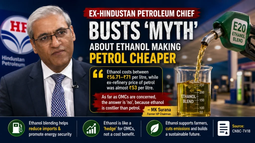 Former HPCL Chairman M.K. Surana speaking about ethanol blending and petrol prices during an interview.