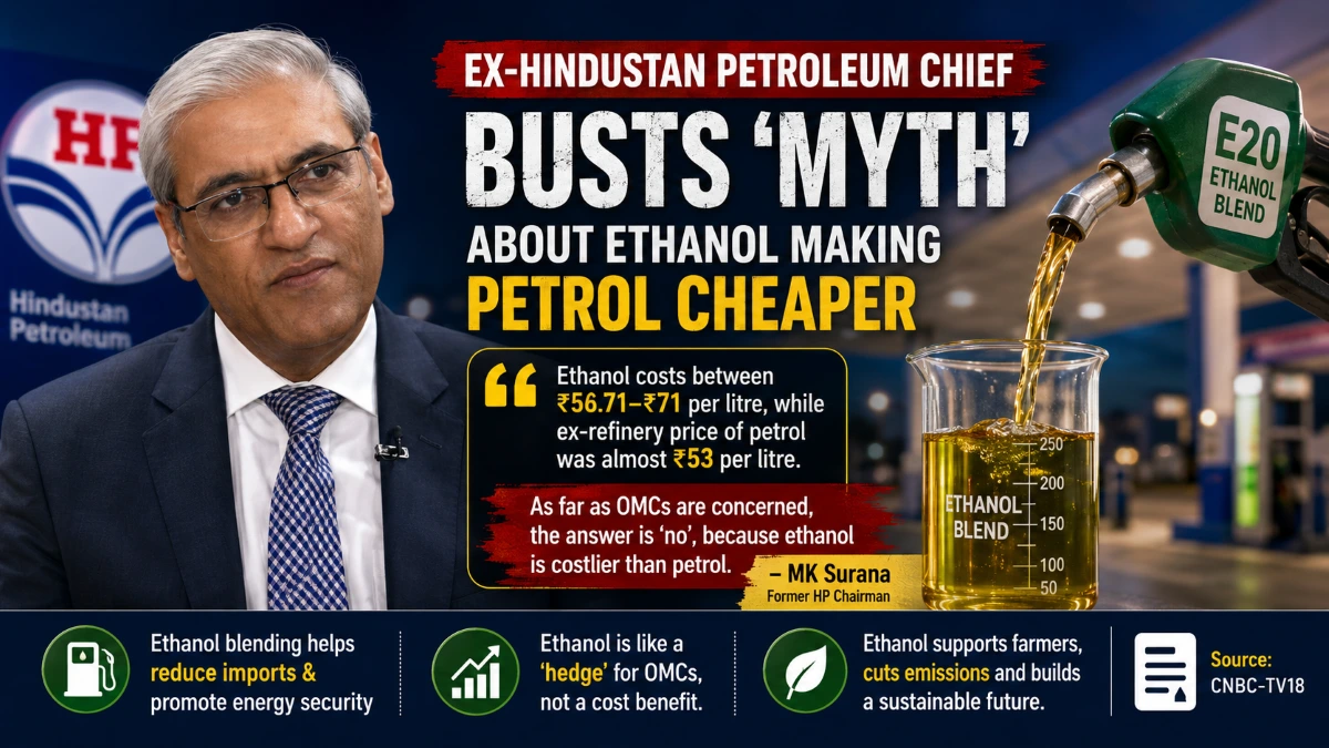 Former HPCL Chairman M.K. Surana speaking about ethanol blending and petrol prices during an interview.