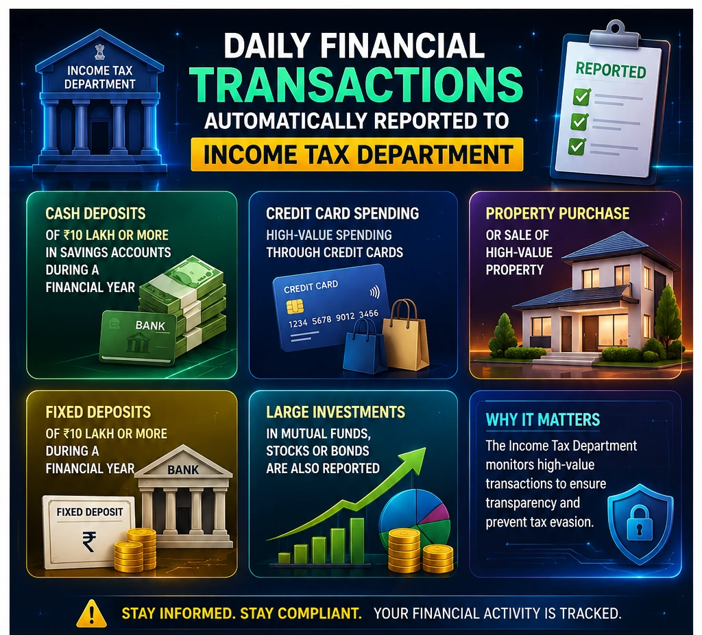 Infographic showing high-value financial transactions that are automatically reported to the Income Tax Department, including cash deposits, credit card spending, property deals, fixed deposits, and investments.