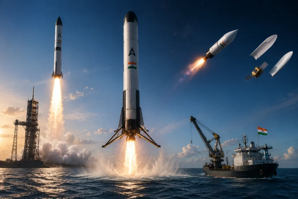 Agnibaan rocket standing on the launch pad before Agnikul Cosmos' reusable rocket test mission.