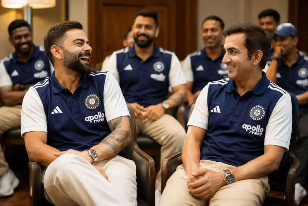 Virat Kohli and Gautam Gambhir smiling and talking during the Indian team's visit to the High Commission of India in London.