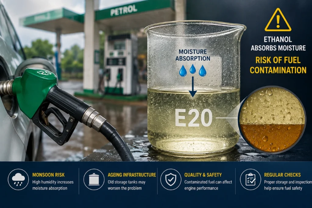 Petrol pump owners have expressed concerns about E20 fuel during the rainy season, while experts say proper storage keeps the fuel safe