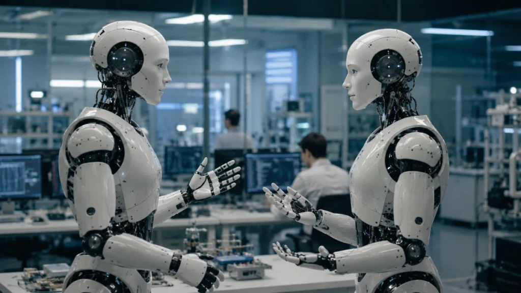 Two NEO humanoid robots standing in a laboratory while talking about honey before one performs a playful dab gesture.
