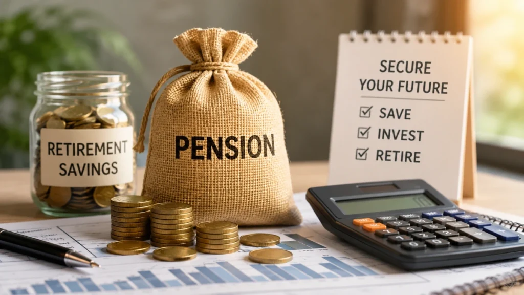 Pension savings bag with a magnifying glass and calculator representing India's proposed new pension scheme.
