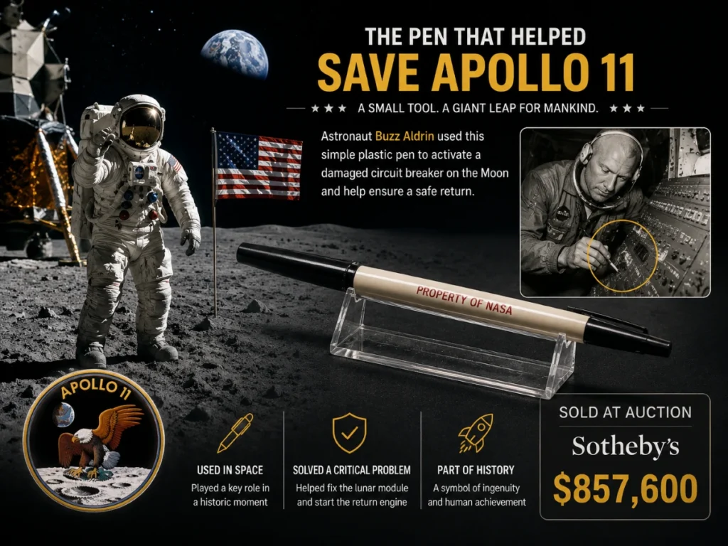 Apollo 11 astronaut on the Moon with the US flag, representing the historic mission and the plastic pen that helped save it.