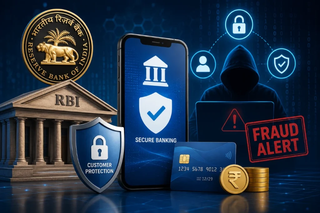 RBI digital fraud compensation framework infographic showing up to ₹25,000 relief for eligible digital banking fraud victims and enhanced customer protection measures.
