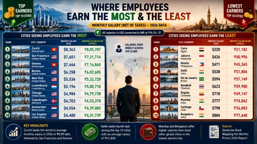 Infographic comparing the world's highest and lowest-paying cities based on average monthly salaries after taxes.