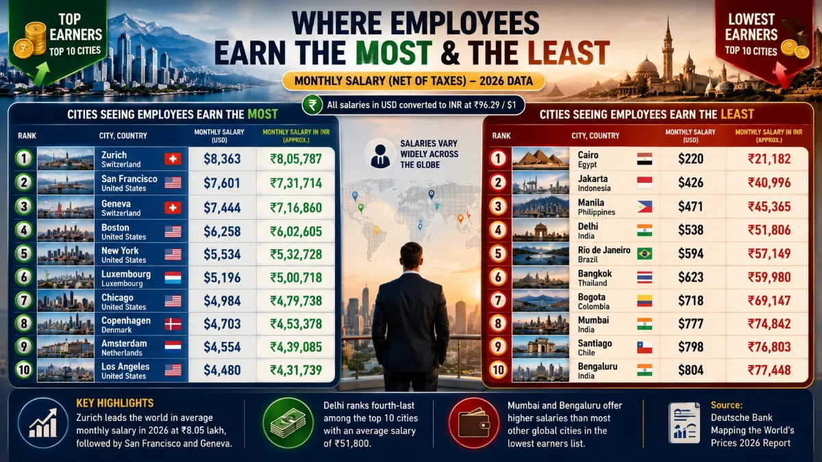 Infographic comparing the world's highest and lowest-paying cities based on average monthly salaries after taxes.