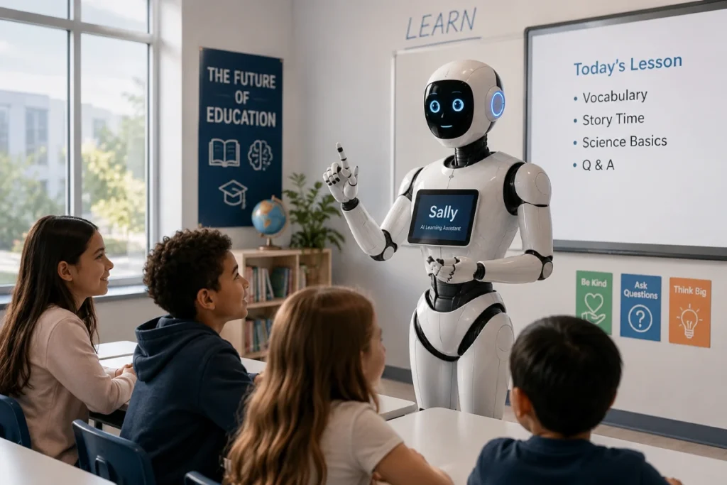 AI-powered humanoid robot named Sally designed to assist teachers in a classroom setting.