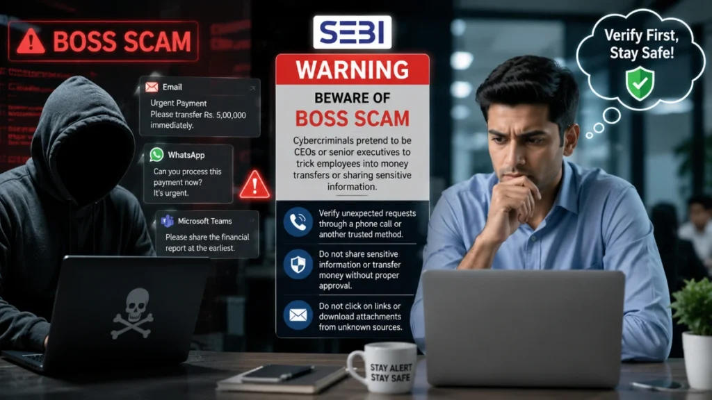 Warning graphic showing a fake CEO scam, phishing email, smartphone, and cybercriminal highlighting SEBI's alert about the Boss Scam.
