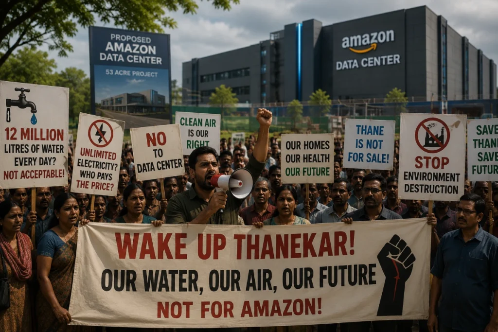 Residents protesting against a proposed Amazon data centre in Thane over environmental and resource concerns.