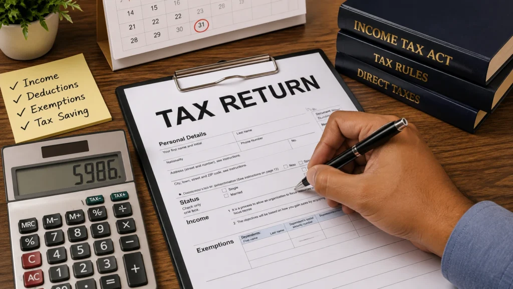 Income tax return form on a desk with a calculator, representing ITR filing under existing tax rules.