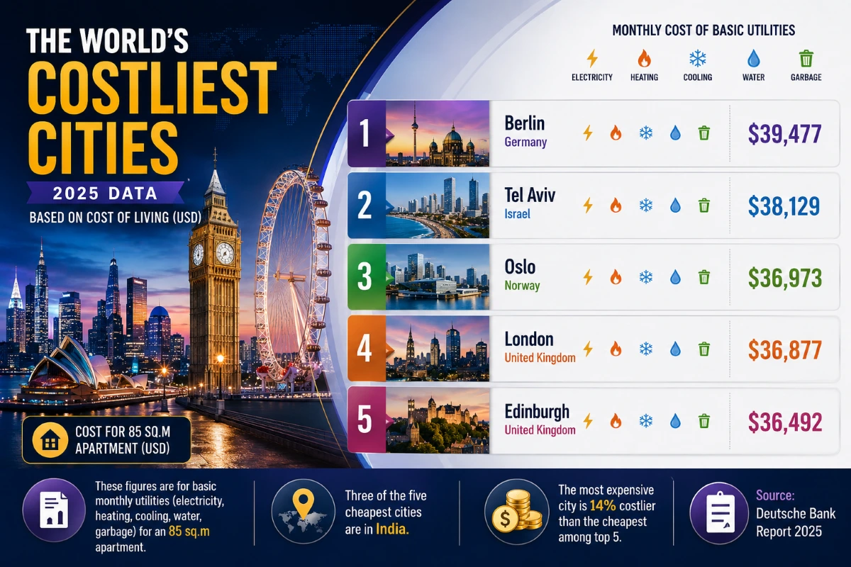 Infographic ranking the world's most expensive cities based on monthly utility costs in 2026.